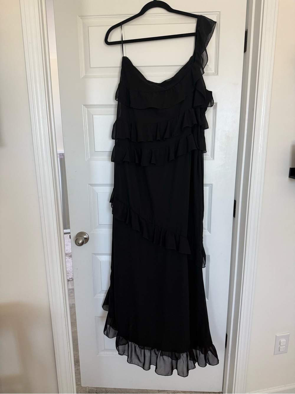 Boohoo Black One-Shoulder Ruffle Maxi Gown